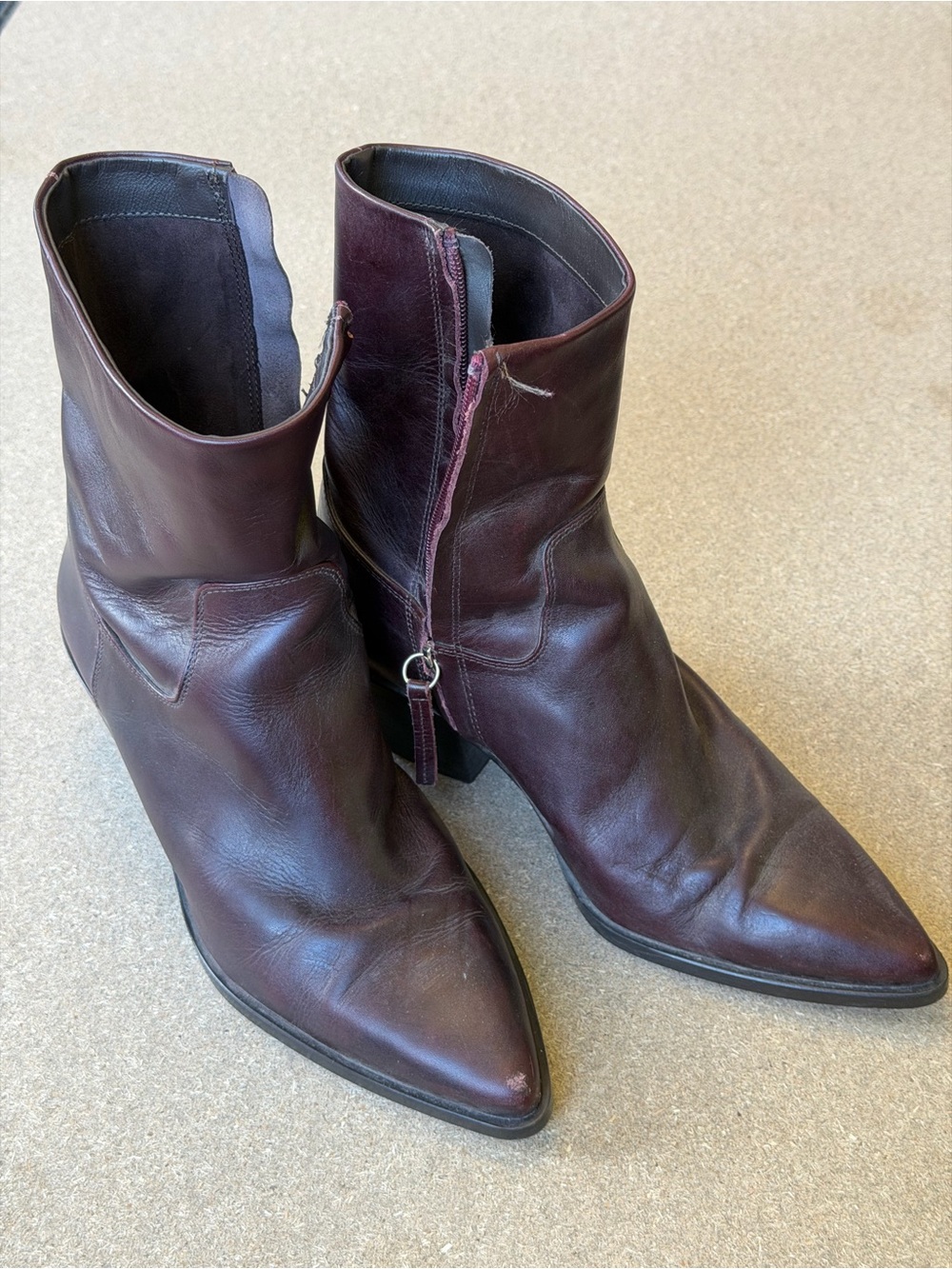 Zara Women's Pointed Leather Ankle Boots - Burgundy